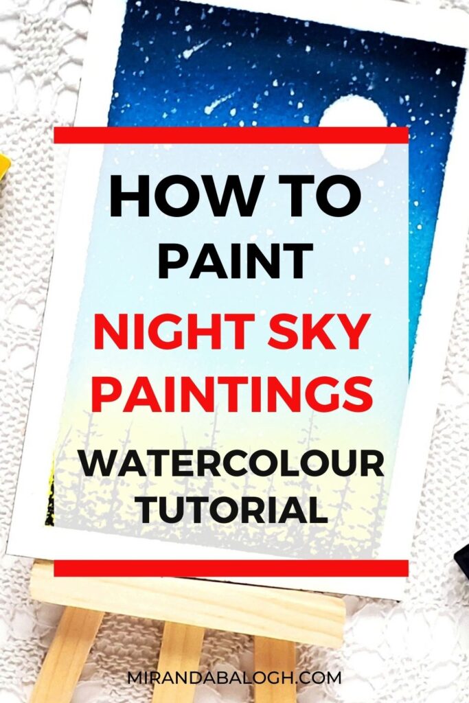 Click here to follow this easy step-by-step watercolour tutorial to learn how to paint beautiful night sky paintings. In this article, you’ll learn how to create a starry sky with a shining moon and comets. As well, you’ll learn how to pick the perfect colour palette (including blue and black), and you’ll apply simple watercolour techniques to create the dark silhouette of forest trees. This simple watercolour tutorial is perfect for beginners and it is easy for kids, although artists of all skill levels are encouraged to give it a try. Improve your painting skills today with these helpful painting ideas and tips! 