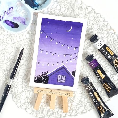 Purple Evening Sky Gouache Painting by Miranda Balogh
