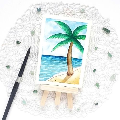 Palm Tree Watercolour Beach Painting by Miranda Balogh
