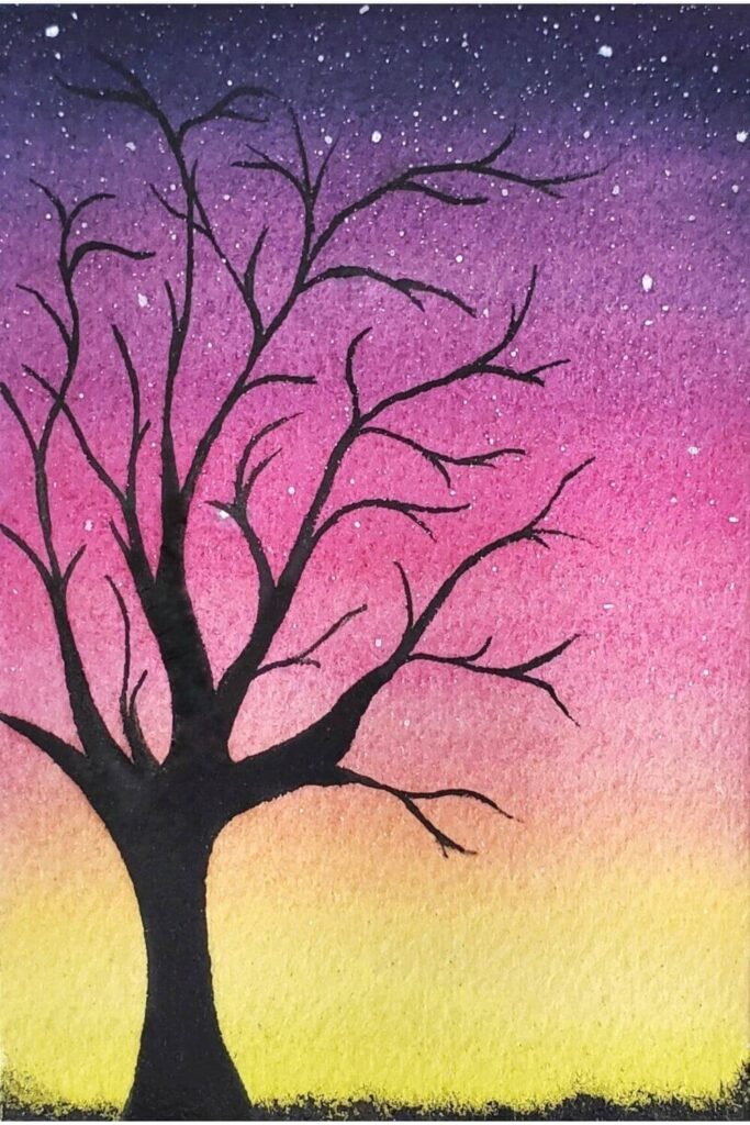 Learn how to paint a sunset watercolour painting with a tree silhouette by following these easy step-by-step instructions. This watercolour tutorial was created by Miranda Balogh, an online educator and art instructor.
