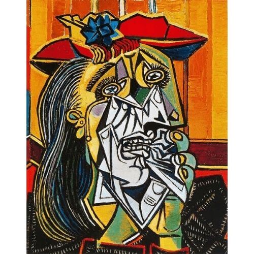 Weeping Woman, a famous geometric painting by Pablo Picasso. This is a wonderful example of how painting using geometrical shapes can convey a wide range of emotions by using various shapes, forms, and colours in an artwork.