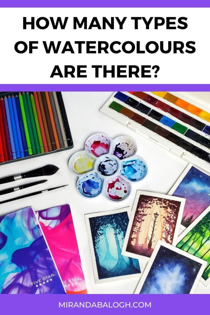 How many types of watercolours are there? Watercolour paints come in pans, tubes, pencils, liquids, gouache, and other forms. In addition, there are different types of watercolour brushes including synthetic, blended, and animal hair brushes. As well, there are several types of watercolour paper to choose from including hot and cold-pressed varieties. So, check out this guide for a detailed breakdown of all these kinds of watercolours.