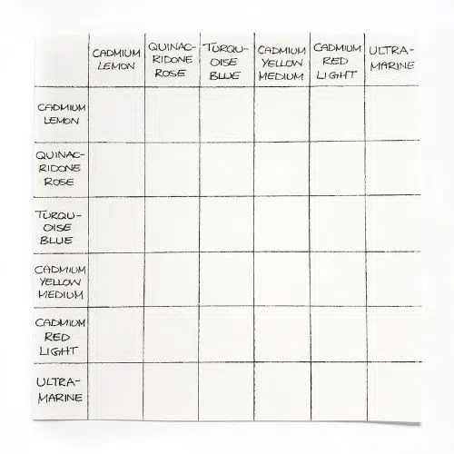 This is an image of a blank watercolour mixing chart. There are seven rows and seven columns. The first row and column are labelled with the name of each watercolour pigment.