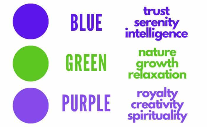 In colour psychology, the cool colours are blue, green, and purple. Blue is associated with trust and serenity. Green is associated with nature and growth. Purple is associated with royalty and creativity.