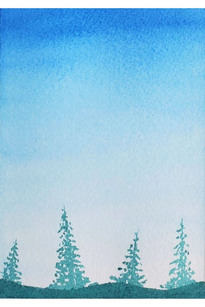 Enjoy this easy watercolour forest tutorial to learn how to paint a forest of pine trees. The fourth step is to load up your brush with light green pigment and paint the pine trees. Draw a thin line as the trunk and then use zigzag dabs going down the trunk to paint the triangle-like silhouettes of the tees in the background.