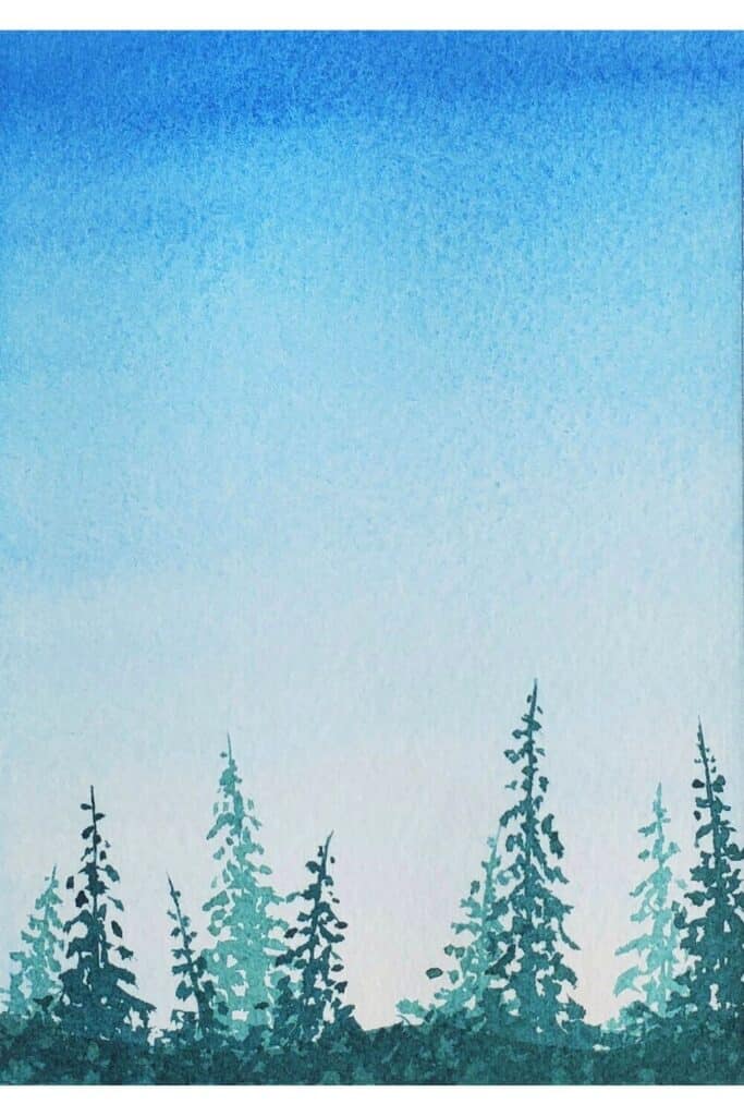 Enjoy this easy watercolour forest tutorial to learn how to paint a forest of pine trees. The fourth step is to load up your brush with medium green pigment and paint the pine trees. Draw a thin line as the trunk and then use zigzag dabs going down the trunk to paint the trees in the midground.