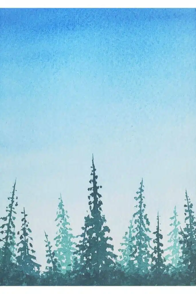 Enjoy this easy watercolour forest tutorial to learn how to paint a forest of pine trees. The fourth step is to load up your brush with dark green pigment and paint the pine trees. Draw a thin line as the trunk and then use zigzag dabs going down the trunk to paint the triangle-like silhouettes of the tees in the foreground.