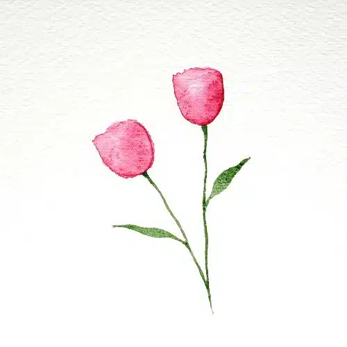 After painting two tulips and their stems, it's time to paint the leaves. Load up your brush with more green pigment. Then, use the tip of the brush to paint a leaf. Do this by applying light pressure and then heavy pressure to create the body of the leaf. End with light pressure to create the tip.