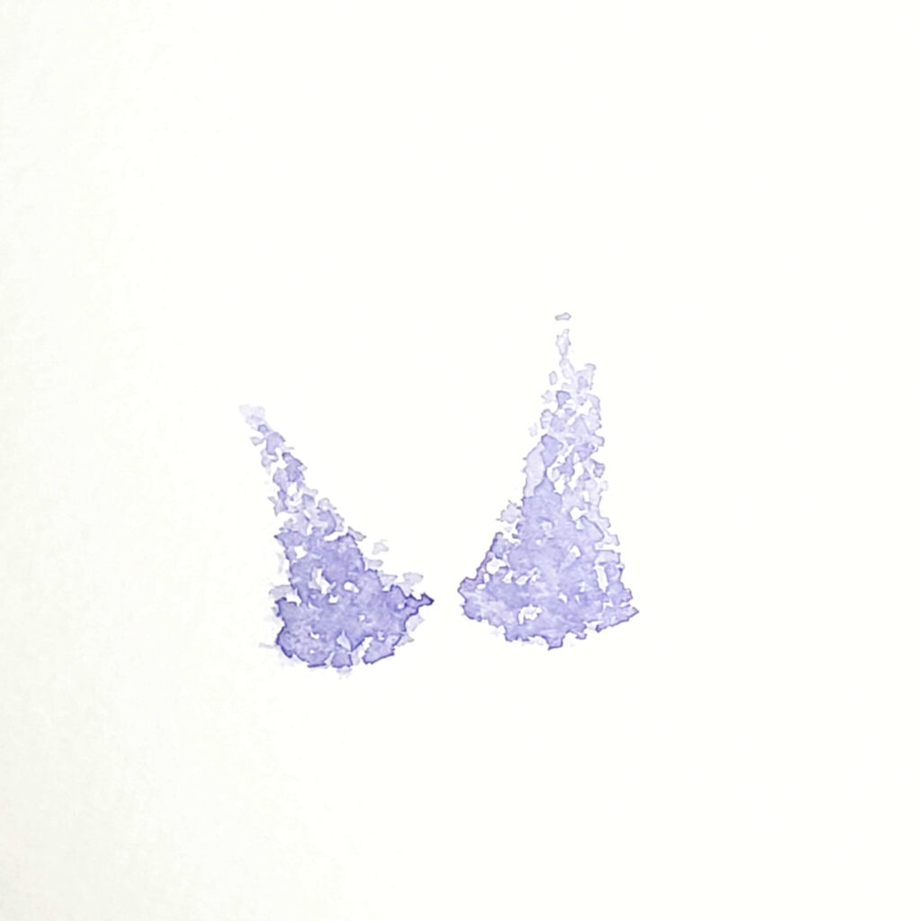 The third step in the watercolour lilac tutorial is to darken the flowers to build up their values. To accomplish this, load up your brush with purple pigment and use small dabs with the wet-on-dry technique to add shadows to the flowers. Add more shadows near the bottom of the triangle shape.