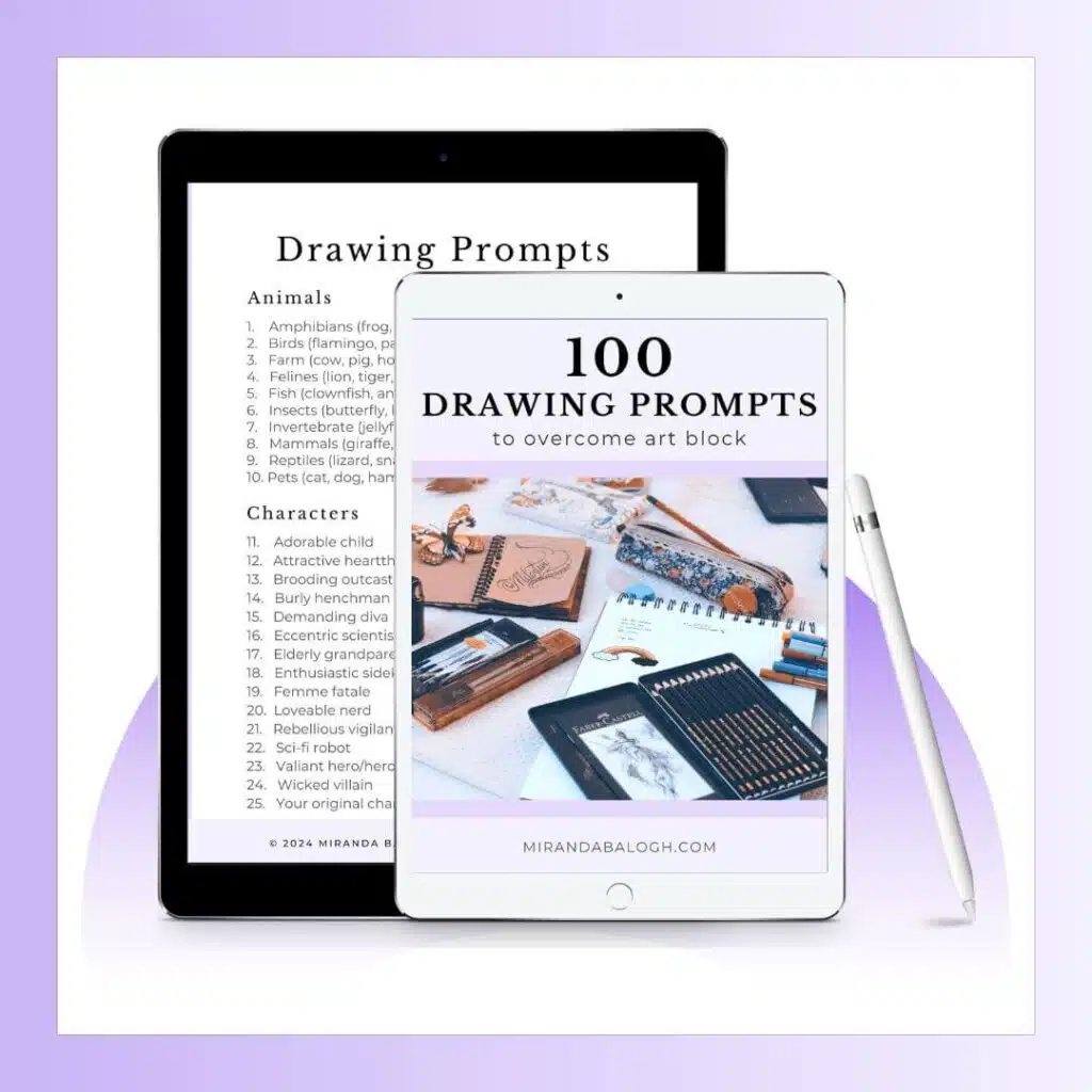 Get your free list of 100 drawing prompts to overcome art block. Use these creative drawing ideas and painting ideas to help you make art when you don't know what to draw or paint.