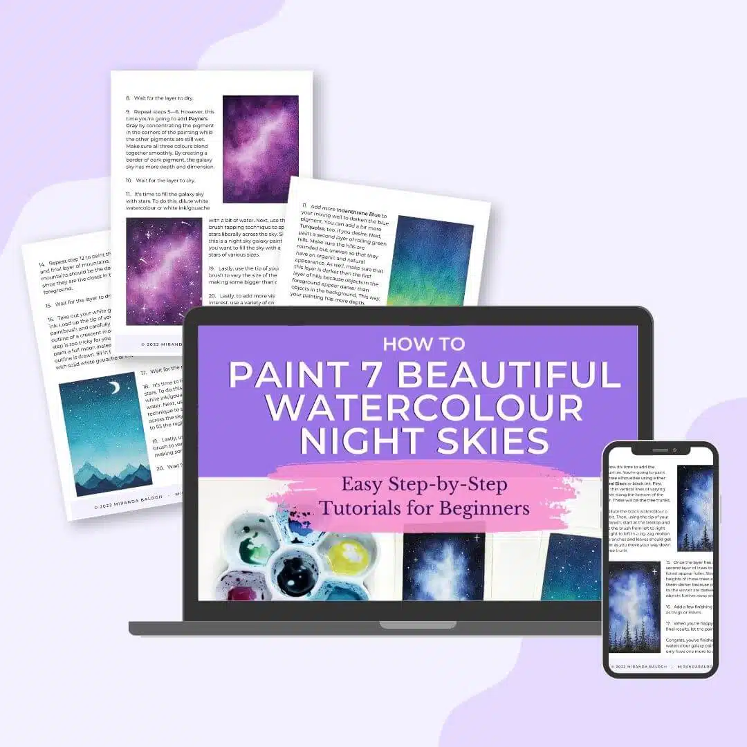 In this watercolour e-book, you learn how to paint 7 beautiful watercolour night skies. Follow these easy step-by-step tutorials to create a collection of watercolour night skies and galaxy paintings!