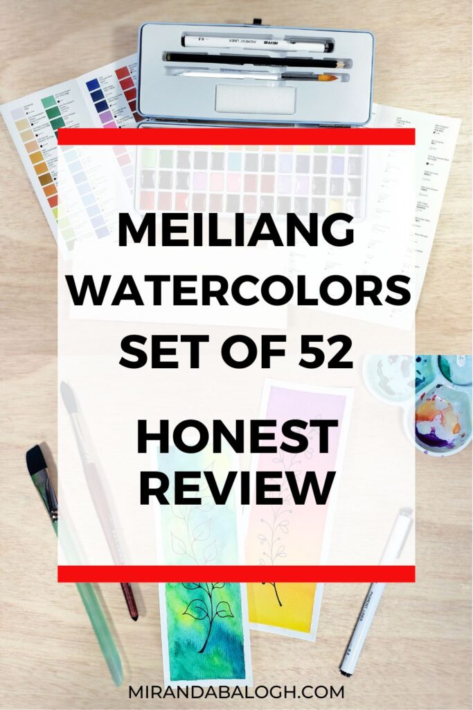 Check out this honest review of theMeiLiang Watercolors Set of 52. In it, Miranda Balogh discusses why the MeiLiang watercolour set with 52 half pans is ideal for watercolour beginners and why it’s the perfect travel watercolour set for plein air painters. As well, she examines the accessories that come with this set such as a graphite pencil, a round brush, 10 pieces of paper, a pen, and a sponge. So is the MeiLiang 52 watercolour paint set worth it? Keep reading to find out!