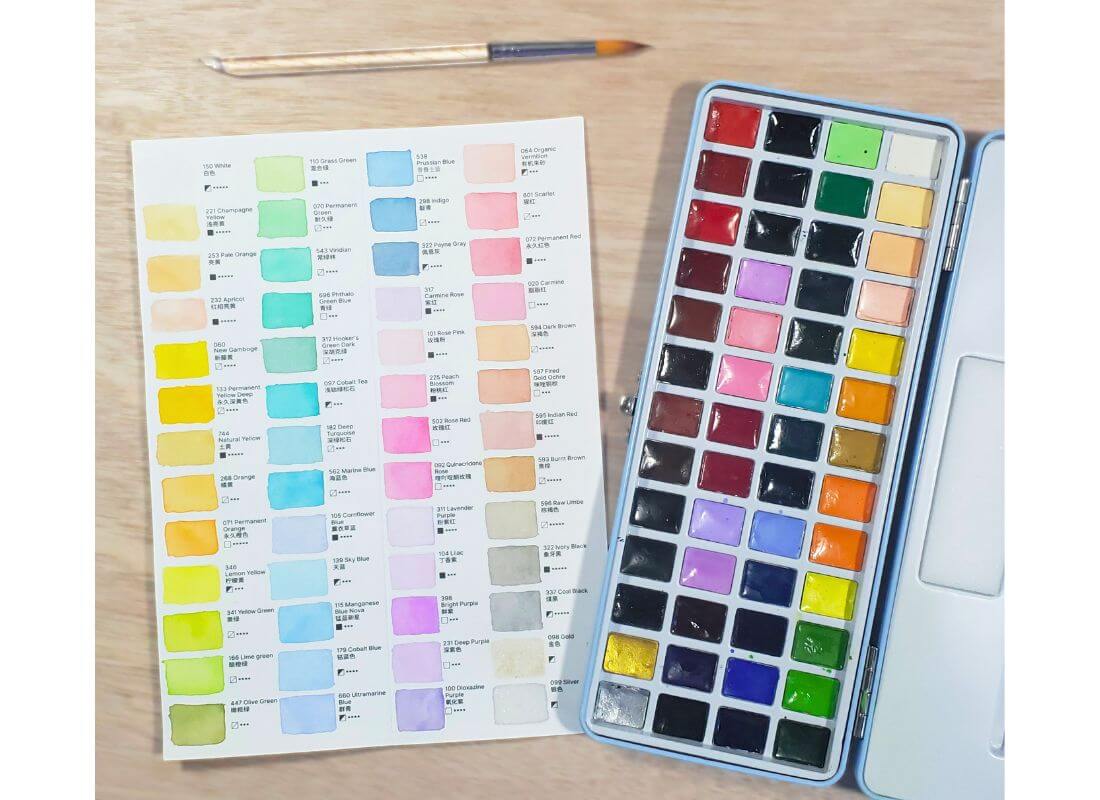 This is a colour swatch chart for the LeiLiang Watercolors Set of 52. The pigments are vibrant and transparent.