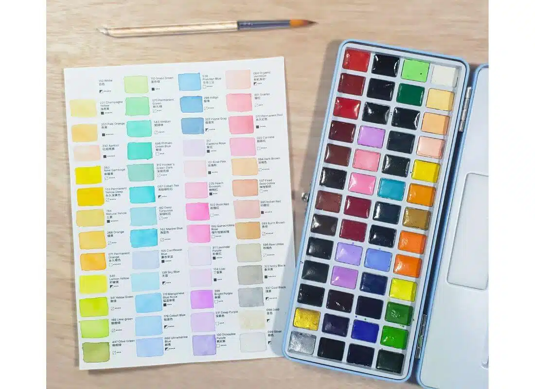 This is a colour swatch chart for the LeiLiang Watercolors Set of 52. The pigments are vibrant and transparent.