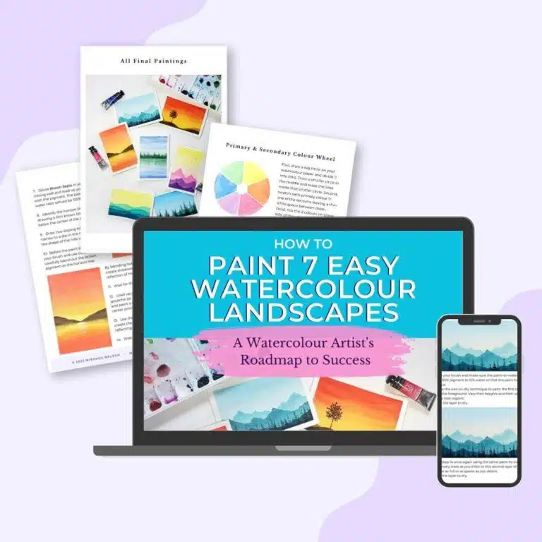 This watercolour e-book teaches you how to paint 7 easy watercolour landscapes. Follow these step-by-step tutorials to create a collection of watercolour landscape paintings!