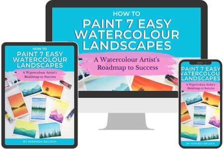 "How to paint 7 easy watercolour landscapes: A Watercolour Artist's Roadmap to Sucess" over images of beautiful watercolor paintings. The image shows the same image on 3 devices to show it is compatible with desktop, tablet, and mobile. 