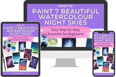 "How to paint 7 beautiful Watercolor Night Skies: Easy step-by-step Tutorials for Beginners " over images of beautiful watercolor paintings. The image shows the same image on 3 devices to show it is compatible with desktop, tablet, and mobile. 