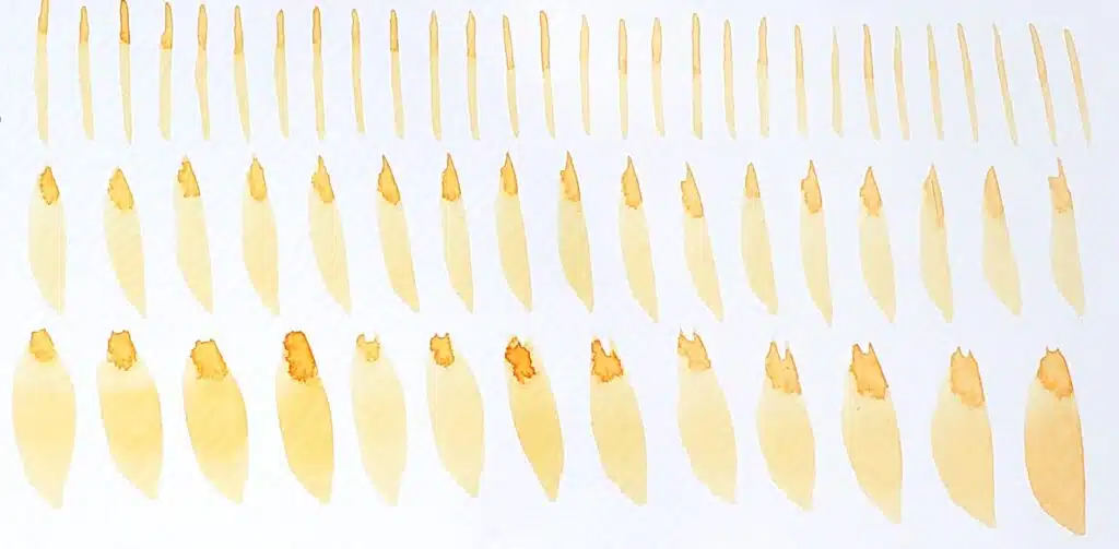 This is an image of watercolour brushstrokes using orange pigment. The first row shows thin strokes. The second row shows medium strokes. And the third row shows thick strokes.