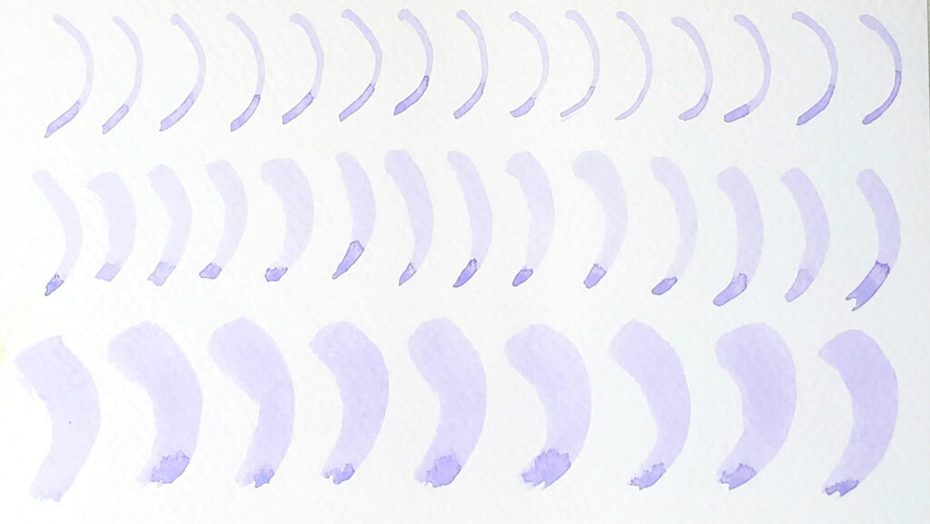 This is an image of watercolour brushstrokes using purple pigment. In the first row there are thin C curves. In the second row there are medium C curves. And in the third row there are thick C curves.