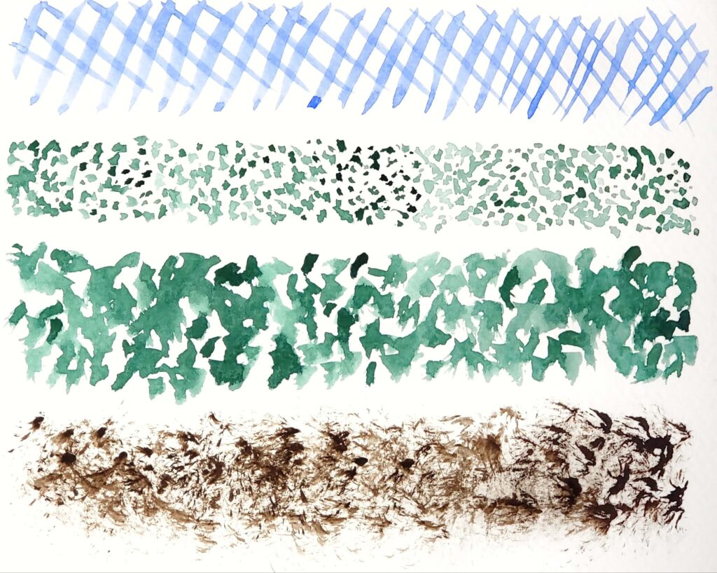 This is an image of various watercolour warmup exercises. The first row shows a cross-hatching texture. The second row shows a stippling texture. The third row shows a dabbing texture. And the fourth row shows a dry brush texture.