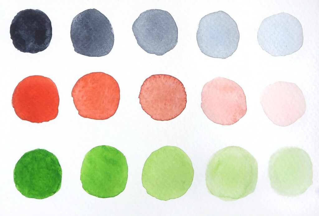 This is an image of watercolour value scales. The first row shows a gradation of five grey circles. The second row shows a gradation of five red circles. And the third row shows a gradation of five green circles.