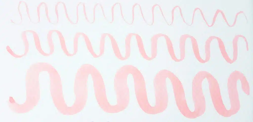 This is an image of watercolour brushstrokes using red pigment. In the first row there is a thin wave. In the second row there is a medium wave. And in the third row there is a thick wave.