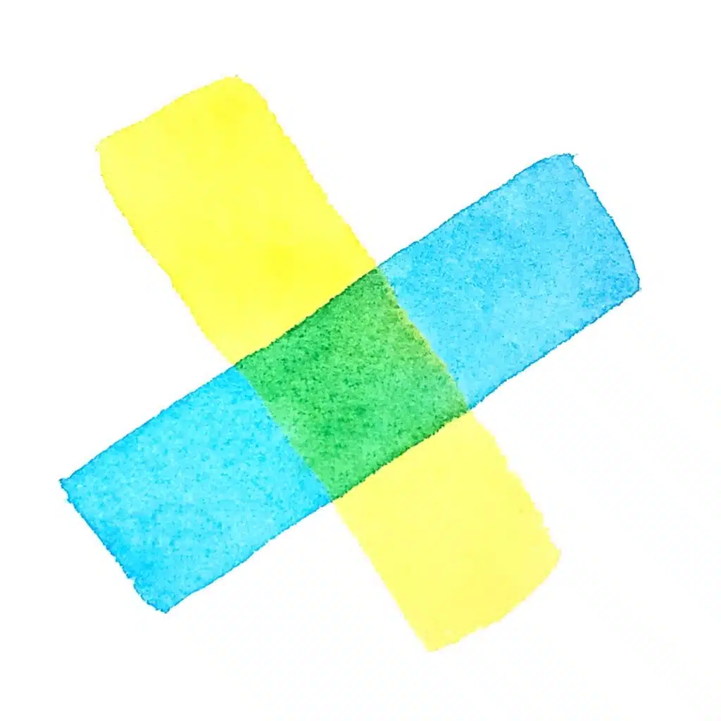 This is one of the best watercolour layering tips. There is an image of an X painted with watercolours. There is a blue diagonal rectangle painted over a yellow diagonal rectangle. Where the two colours overlap in the middle, they've created a green hue.