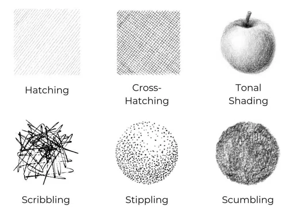 Learn how to draw for beginners by developing these 6 drawing techniques. From left to right on the top row are the hatching, cross-hatching, and tonal shading techniques. From left to right on the bottom row are the scribbling, stippling, and scumbling techniques.