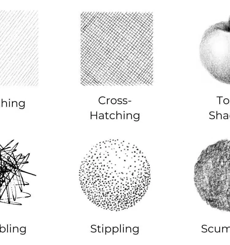 Learn how to draw for beginners by developing these 6 drawing techniques. From left to right on the top row are the hatching, cross-hatching, and tonal shading techniques. From left to right on the bottom row are the scribbling, stippling, and scumbling techniques.