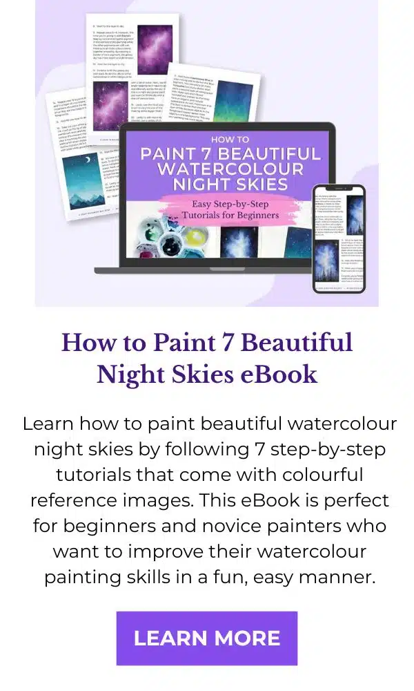 "How to paint 7 beautiful Watercolor Night Skies: Easy step-by-step Tutorials for Beginners " over images of beautiful watercolor paintings. The image shows the same image on 3 devices to show it is compatible with desktop, tablet, and mobile.