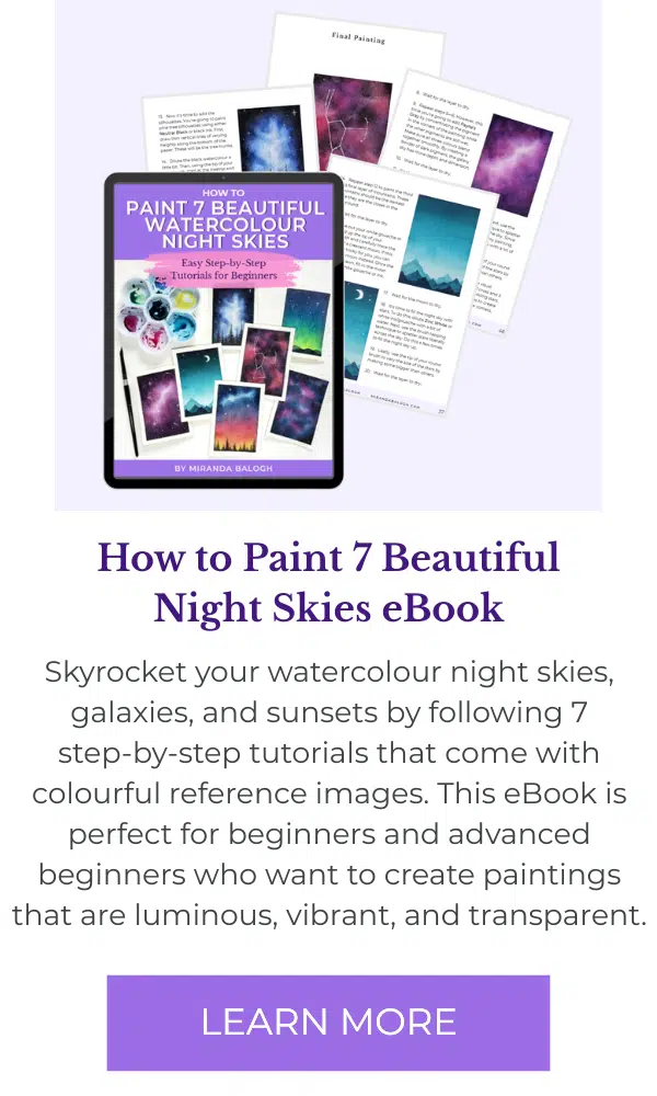 "How to paint 7 beautiful Watercolor Night Skies: Easy step-by-step Tutorials for Beginners " over images of beautiful watercolor paintings. The image shows the same image on 3 devices to show it is compatible with desktop, tablet, and mobile.