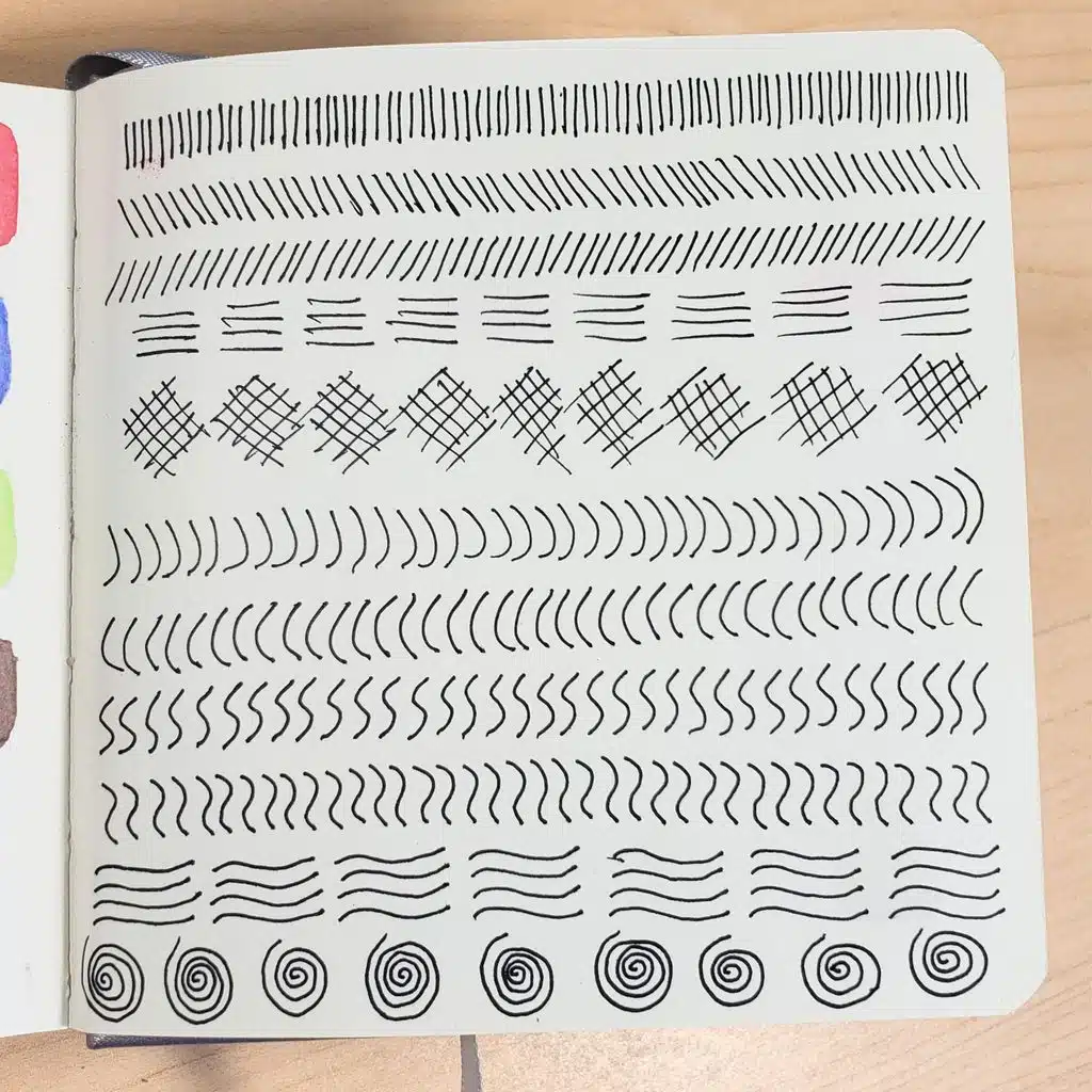Learn how to fill a sketchbook page by taking a fineliner or pen and making simple marks such as lines, curves, and crosshatching.